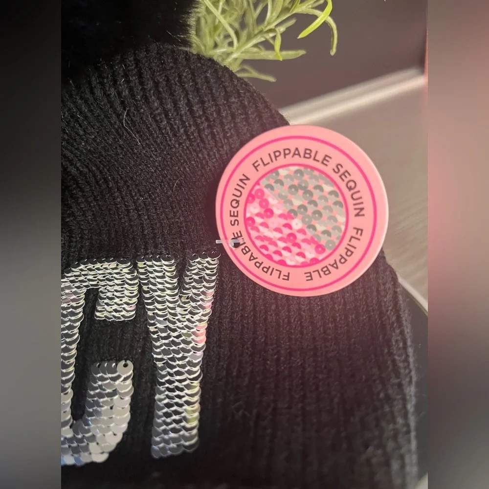 Juicy Couture Black Sequin JUICY Beanie & Gloves Winter Set Pom Hat NWT